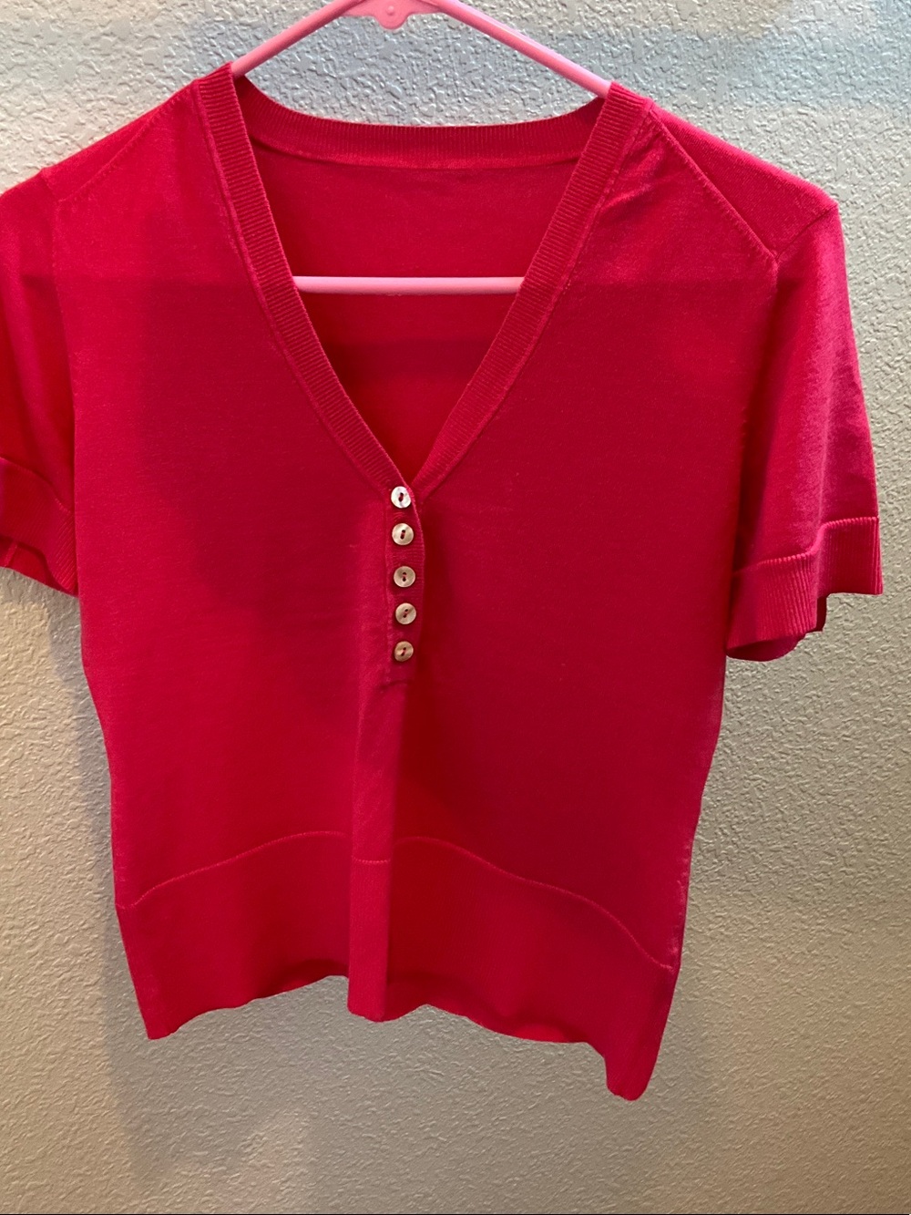 Women’s Short Sleeve V-Neck Button Knit Top - Bright Pink